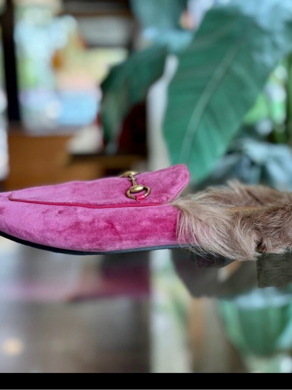 Gucci Pink Velvet Horsebit Mule with Brown Fur Trim